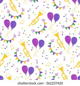 Mardi Gras seamless pattern with trumpet, garland, confetti, music and notes. Perfect for wallpaper, pattern fills, web page background, textile, holiday greeting cards