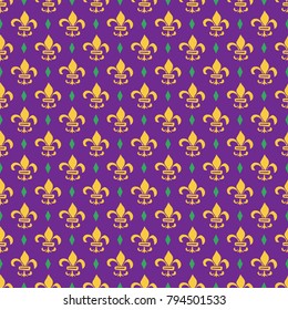 Mardi Gras seamless pattern vector illustration. Hand drawn sketched doodle Holyday elements and royal symbols, Vector illustration.