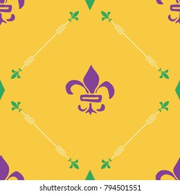 Mardi Gras seamless pattern vector illustration. Hand drawn sketched doodle Holyday elements and royal symbols, Vector illustration.