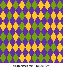 Mardi Gras seamless pattern with yellow, green and purple diamonds. Abstract geometric rhombus background. Good for holiday greeting cards, wallpaper, pattern fills, web page background, textile.