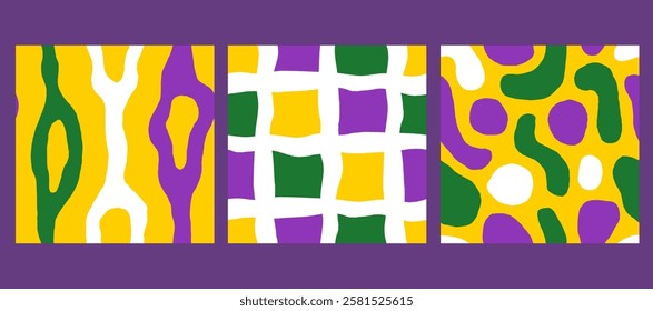 Mardi Gras Seamless Patterns Collection. Hand Drawn Abstract Purple Green Yellow Backgrounds with striped checkered spotted texture. Bright carnival ornaments collection