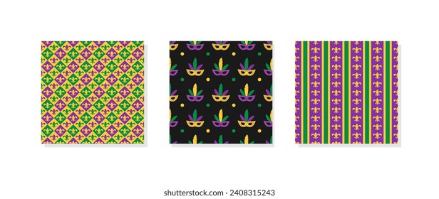 Mardi Gras seamless patterns.  Three carnival or masquerade backgrounds.  Vector template.