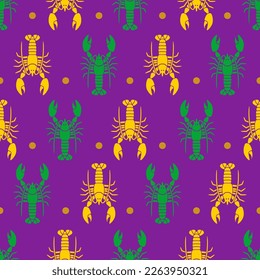 Mardi Gras seamless purple pattern with green and yellow crayfish. Abstract background. Fat Tuesday