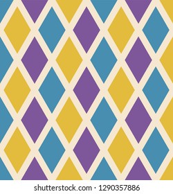 Mardi Gras seamless repeating background with green, yellow and purple diamonds. Holiday poster or placard template