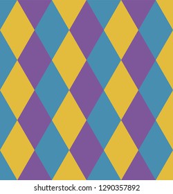 Mardi Gras seamless repeating background with green, yellow and purple diamonds. Holiday poster or placard template