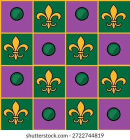 Mardi Gras padrão de vetor repetitivo sem costura com símbolos de flor-de-lis dourados e esferas verdes em um fundo roxo e verde quadriculado com bordas amarelas.