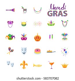 Mardi Gras set of carnival decorative elements in flat style. Vector poster of isolated colorful traditional signs for fest celebrating on white. Collection Mardi Gras symbols and party decorations