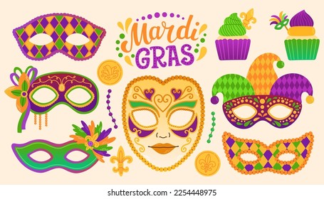 Mardi Gras setzte Karneval-Party-Design. Fat Dienstag, Karneval, Festival. Für Grußkarten, Banner, Geschenkverpackungen, Poster