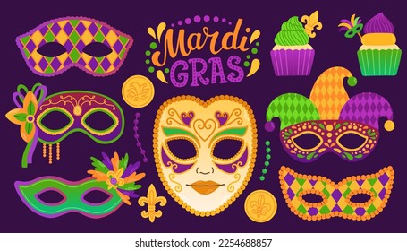 Mardi gras set carnival party elements. Fat tuesday, carnival, festival. Greeting card, banner, gift packaging, poster