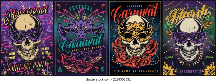 Mardi Gras set colorful vintage posters with skulls wearing elegant masks for Italian style party or masquerade celebration vector illustration