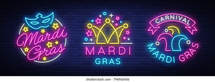 Mardi Gras Set von Design-Vorlage für Grußkarten, Flyer. Fat Dienstag ist eine Sammlung von festlichen Illustrationen im Neonstil, Neonzeichen, festliches Symbol, leuchtendes Banner, Neon-Plakat. Vektorgrafik