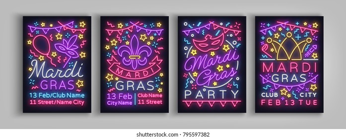 Mardi Gras set design templates invitation. Collection of posters in neon style neon sign bright brochure glowing banner, flyer, postcard invitations to Fat Tuesday. Carnival. Vector illustration