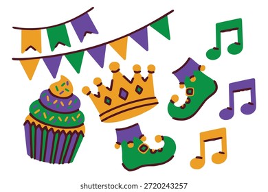 Mardi Gras. Set of diverse items for holiday celebration. Collection includes carnival crown, masquerade glasses, festive cupcake, jester boots, musical notes and banner.