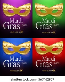 Mardi Gras set of golden carnival masks with ornaments for poster, greeting card, party invitation, banner or flyer on beautiful red, green, purple and blue backgrounds. Happy Mardi Gras Masquerade