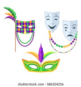 Mardi Gras. Set of masks green with feathers, pattern with beads and feathers and mask that consists of two with contrast emotions on white background. Carnival elements vector illustration.