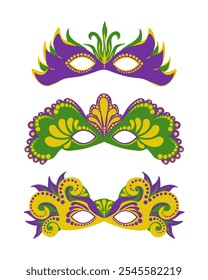 Conjunto de máscaras de Mardi Gras, atributos de mascarada para el festival y Ilustración vectorial de actuación teatral