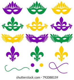 Mardi gras. Set of objects isolated on a white background - masks, beads, confetti, fleur de lis. Shrove Tuesday, Fat Tuesday