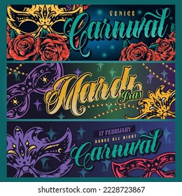 Mardi Gras set vintage colorful posters openwork masks for Venetian carnival or night danceable masquerade ball vector illustration