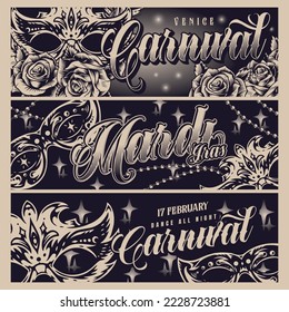 Mardi Gras set vintage posters monochrome with masks for faces guests Venice festival or carnival on Fat Tuesday vector illustration