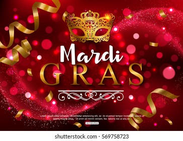 Mardi Gras shiny background with festival mask. Vector illustration.