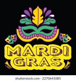 Mardi Gras, plantilla de impresión de camisetas de Mardi Gras, diseño de tipografía para la celebración del Carnaval, fiestas cristianas, Epifanía, culminando Miércoles de Ceniza, Martes de Noche.