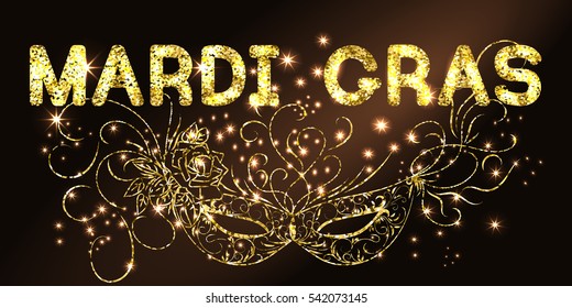 Mardi Gras or Shrove Tuesday background with ornate golden carnival mask. Black Background. Vector Illustration.