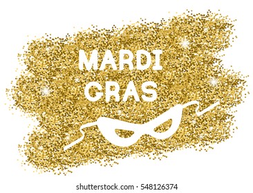Mardi Gras or Shrove Tuesday background with carnival mask. White silhouettes on gold. Vector Illustration.