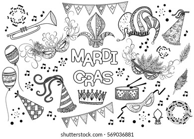 Mardi Gras or Shrove Tuesday black and white design element set. Mardi Gras carnival mask and hats, jester's hat, crowns, fleur de lis, feathers, party decorations. Vector illustration, clip art