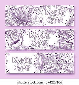 Mardi Gras or Shrove Tuesday cards with violet and purple colors. Carnival mask and crowns, fleur de lis, feathers. Perfectly fit for banner, invitation, party. Vector illustration