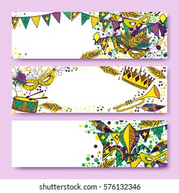 Mardi Gras or Shrove Tuesday cards with green, yellow and violet colors. Carnival mask and crowns, fleur de lis, feathers. Perfectly fit for banner, invitation, party. Vector illustration