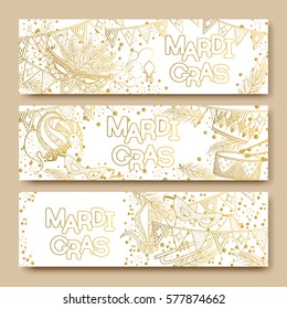 Mardi Gras or Shrove Tuesday cards with golden color. Carnival mask and crowns, fleur de lis, feathers. Perfectly fit for banner, invitation, party. Vector illustration