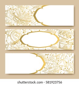 Mardi Gras or Shrove Tuesday cards with golden color. Carnival mask and crowns, fleur de lis, feathers. Perfectly fit for banner, invitation, party. Vector illustration