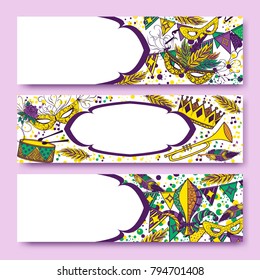 Mardi Gras or Shrove Tuesday cards with green, yellow and violet colors. Carnival mask and crowns, fleur de lis, feathers. Perfectly fit for banner, invitation, party. Vector illustration