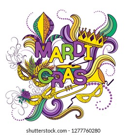 Mardi Gras or Shrove Tuesday. Colorful background with carnival mask and hats, jester's hat, crowns, fleur de lis, feathers and ribbons. Vector illustration
