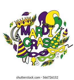 Mardi Gras or Shrove Tuesday. Colorful background with carnival mask and hats, jester's hat, crowns, fleur de lis, feathers and ribbons. Vector illustration