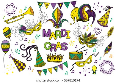 Mardi Gras or Shrove Tuesday colorful design element set. Mardi Gras carnival mask and hats, jester's hat, crowns, fleur de lis, feathers, party decorations. Vector illustration, clip art collection