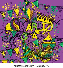 Mardi Gras or Shrove Tuesday. Colorful background with carnival mask and hats, jester s hat, crowns, fleur de lis, feathers and ribbons. Vector illustration