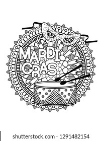 Mardi Gras or Shrove Tuesday coloring page for adult coloring book. Vector illustration.