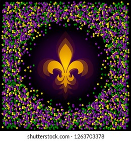 Mardi gras. Shrove Tuesday. Fat Tuesday. Fleur de lis surrounded by confetti traditional colors