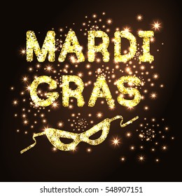 Mardi Gras or Shrove Tuesday with golden glitter carnival mask on black background. Vector Illustration.
