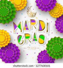 Mardi Gras or Shrove Tuesday lettering design. Colorful paper cut flowers