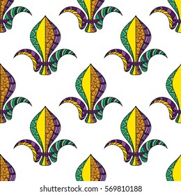 Mardi Gras or Shrove Tuesday seamless pattern. Colorful carnival background with fleur de lis. Vector illustration on white background