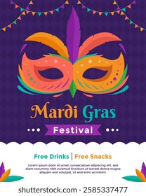 Mardi Gras simple poster template with colorful mask and feather