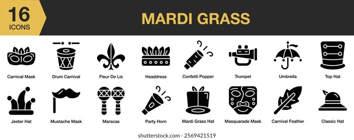 Mardi Gras solid icon set. Includes holiday, carnival, festival, party, traditional, gras, masquerade, and More. Solid icons vector collection.