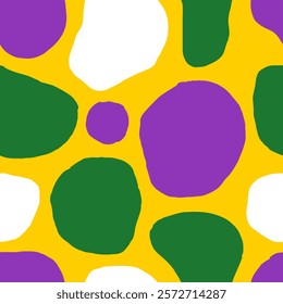 Mardi Gras Spotted Seamless Pattern. Modern dotted background with bold colors and hand drawn surreal texture. Abstract organic shapes. Vector illustration