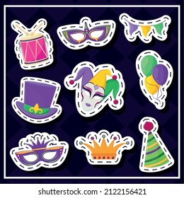 mardi gras stickers icon set