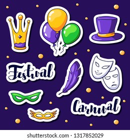 Mardi gras stickers set. Vector masks, hat, balloons, crown, further. Mardi gras carnival elements in doodle style. Festival and Carnival hand drawn lettering.  