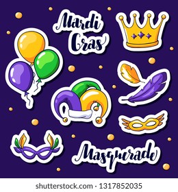 Mardi gras stickers set. Vector masks, jester hat, balloons and crown. Mardi gras carnival elements in doodle style. Masquerade and Mardi gras hand drawn lettering.  