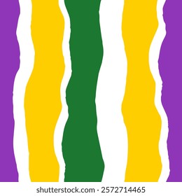 Mardi Gras Striped Painted Seamless Pattern. Festive abstract background with hand drawn curvy vertical stripes and rough wavy texture. Modern bold vibrant design