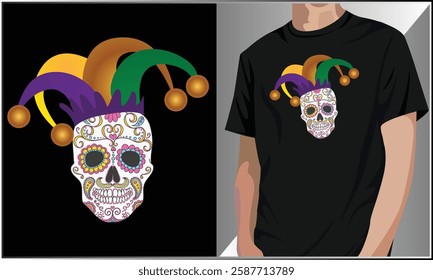 Mardi Gras Sugar Skull T Shirt, Mardi Gras Carnival T-Shirt Design, Beads And Feather, Illustration Of Mardi Gras Skull Mask, Skeleton Sugar Skull Vector.